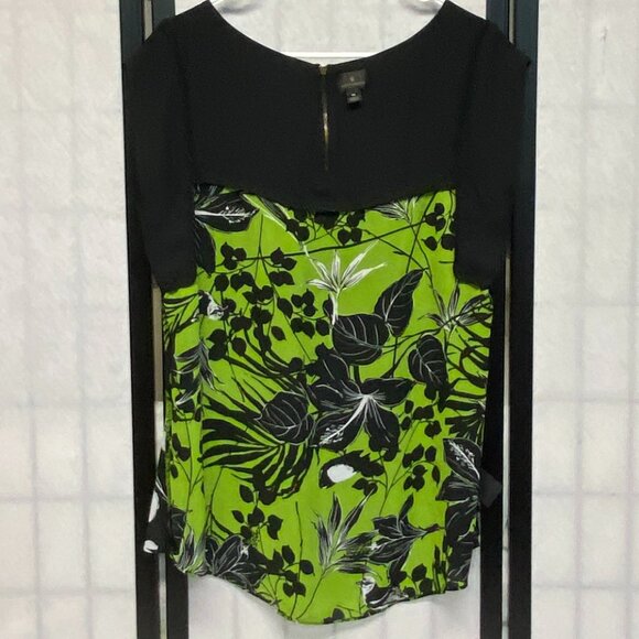 Worthington Banded Cap Sleeve Pleated Front Back Yoke Zip Top Black Green XL - Picture 6 of 12